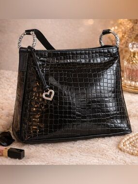 Brighton Cher Black Croc Embossed Patent Leather Shoulder Bag Silver Rings